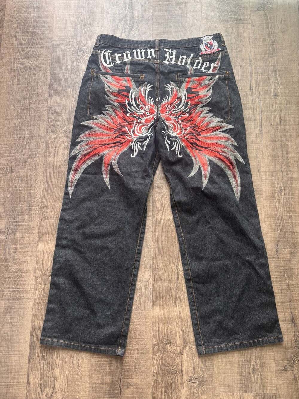 Crown Holder Vintage Y2K Embroidered Wing Graphic Black Denim Jeans Size 38